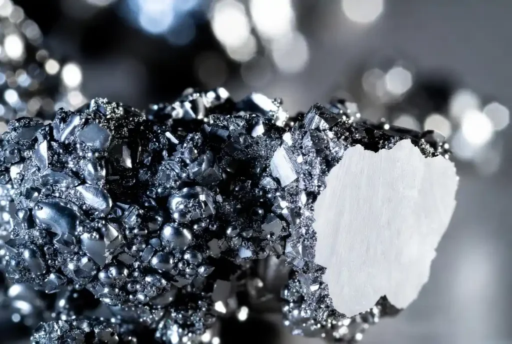 Close-up of raw and polished platinum metal showing its silvery-white texture and density