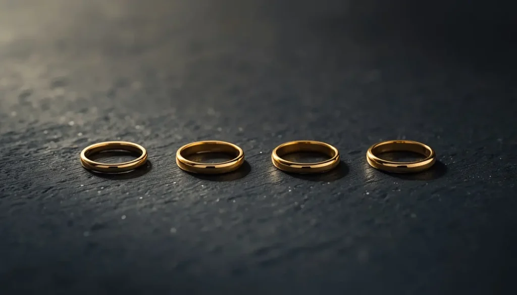 Four gold rings showing different karat purity levels from 10K to 24K gold