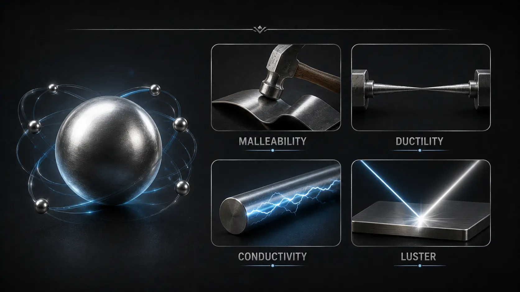Infographic showing core properties of metals including malleability, ductility, conductivity, and luster