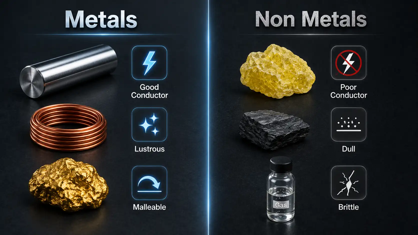 Side by side infographic comparing properties of metals versus non metals