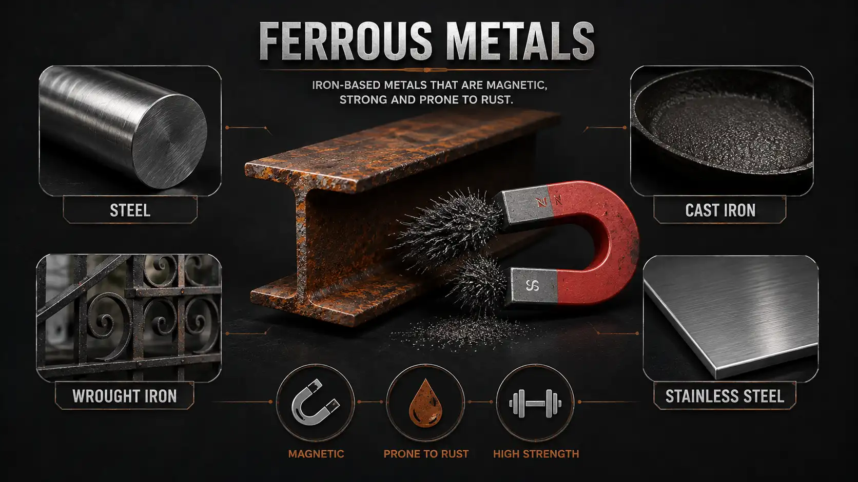 Infographic showing ferrous metals like iron, steel, and cast iron with magnetic properties illustrated