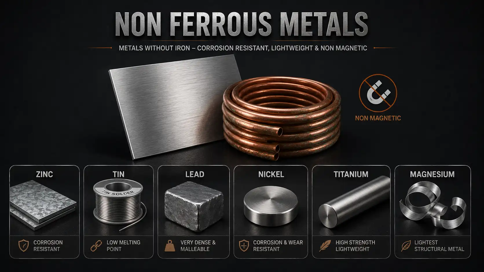 Infographic showing non ferrous metals including aluminum, copper, zinc, and titanium