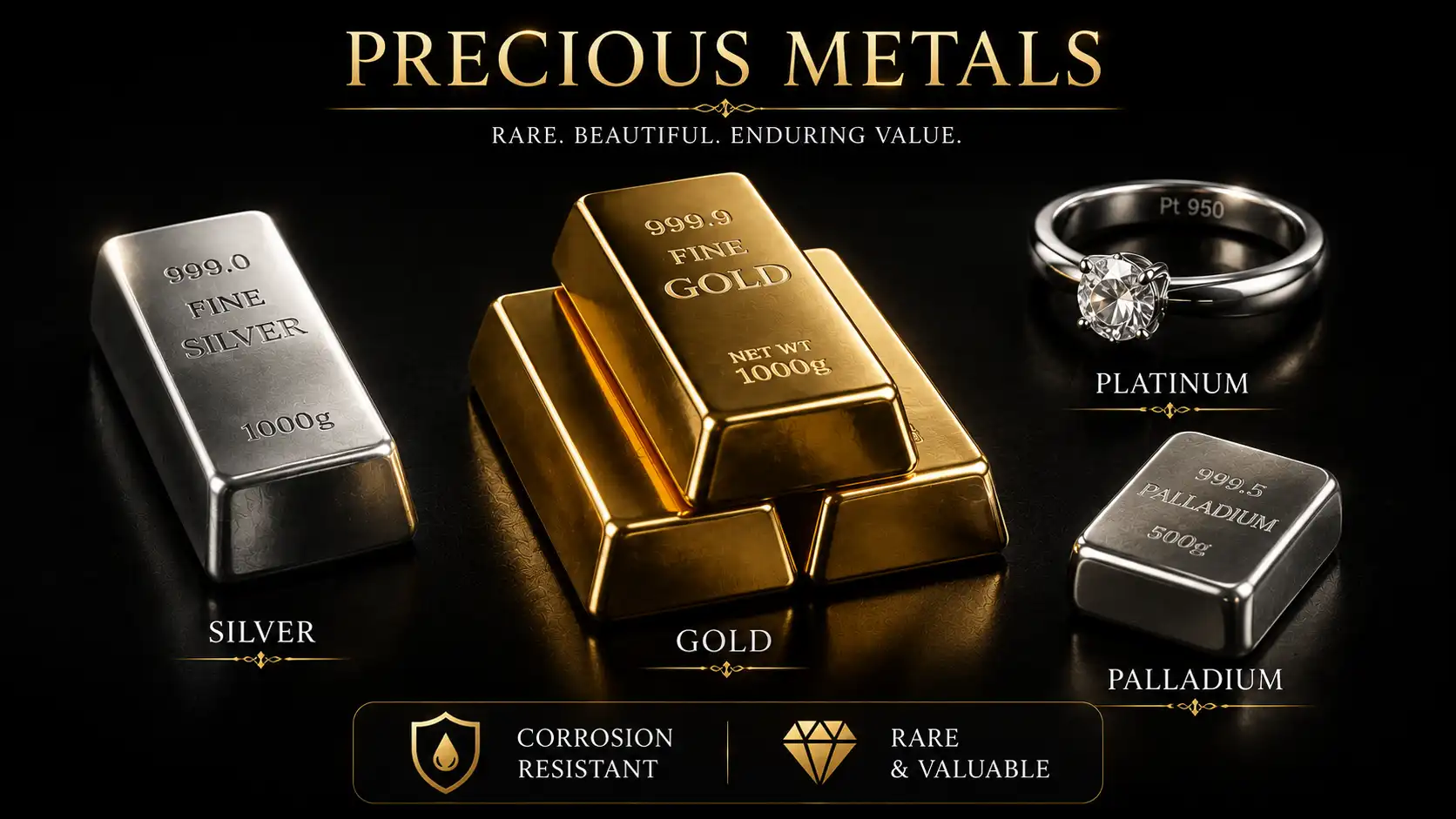 Infographic showing precious metals gold, silver, platinum, and palladium with key properties