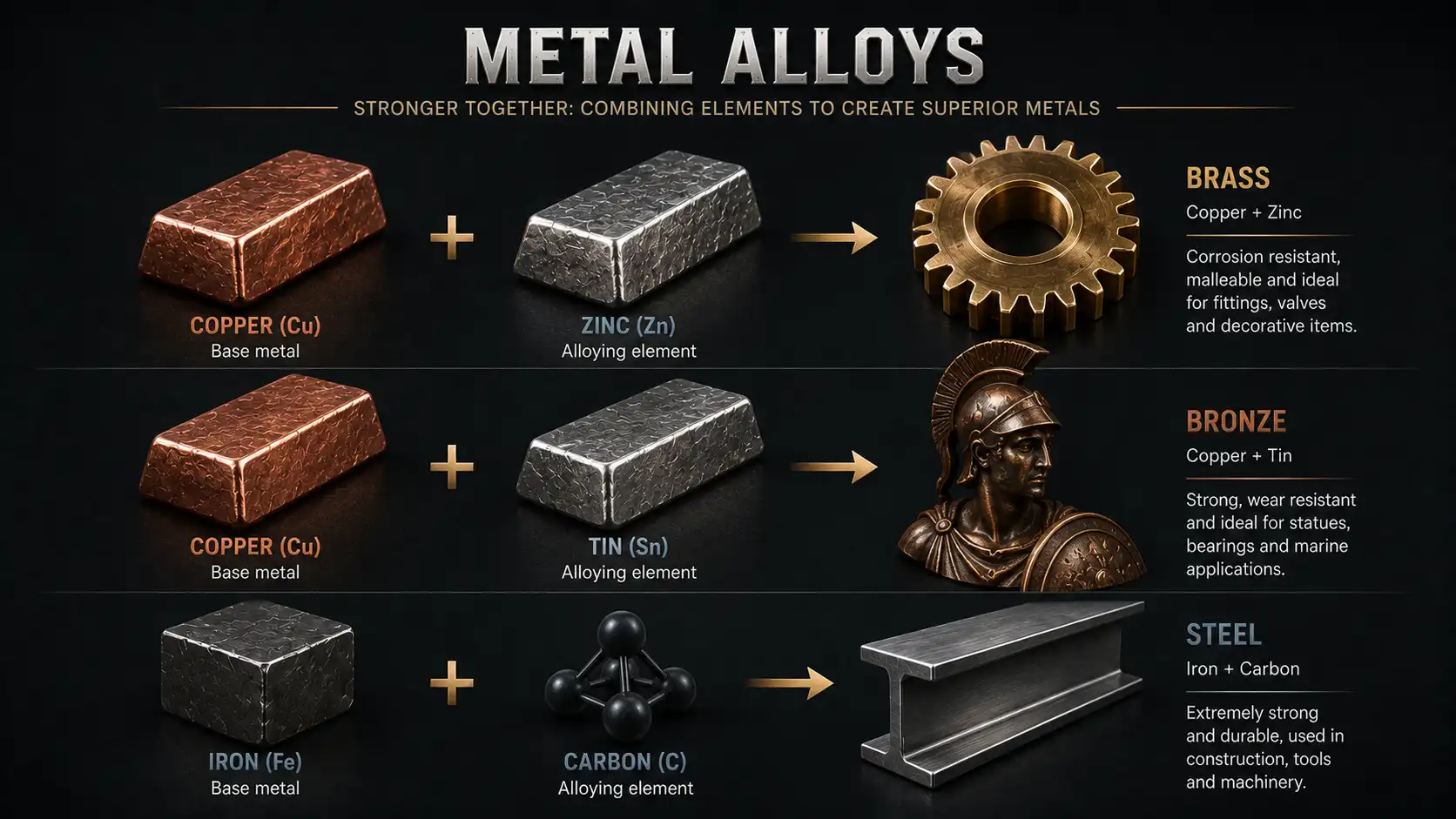 Diagram showing how metal alloys like brass, bronze, and steel are made by combining metals