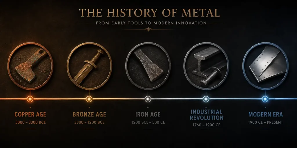 Timeline infographic showing the history of metal use from the Copper Age to the modern era