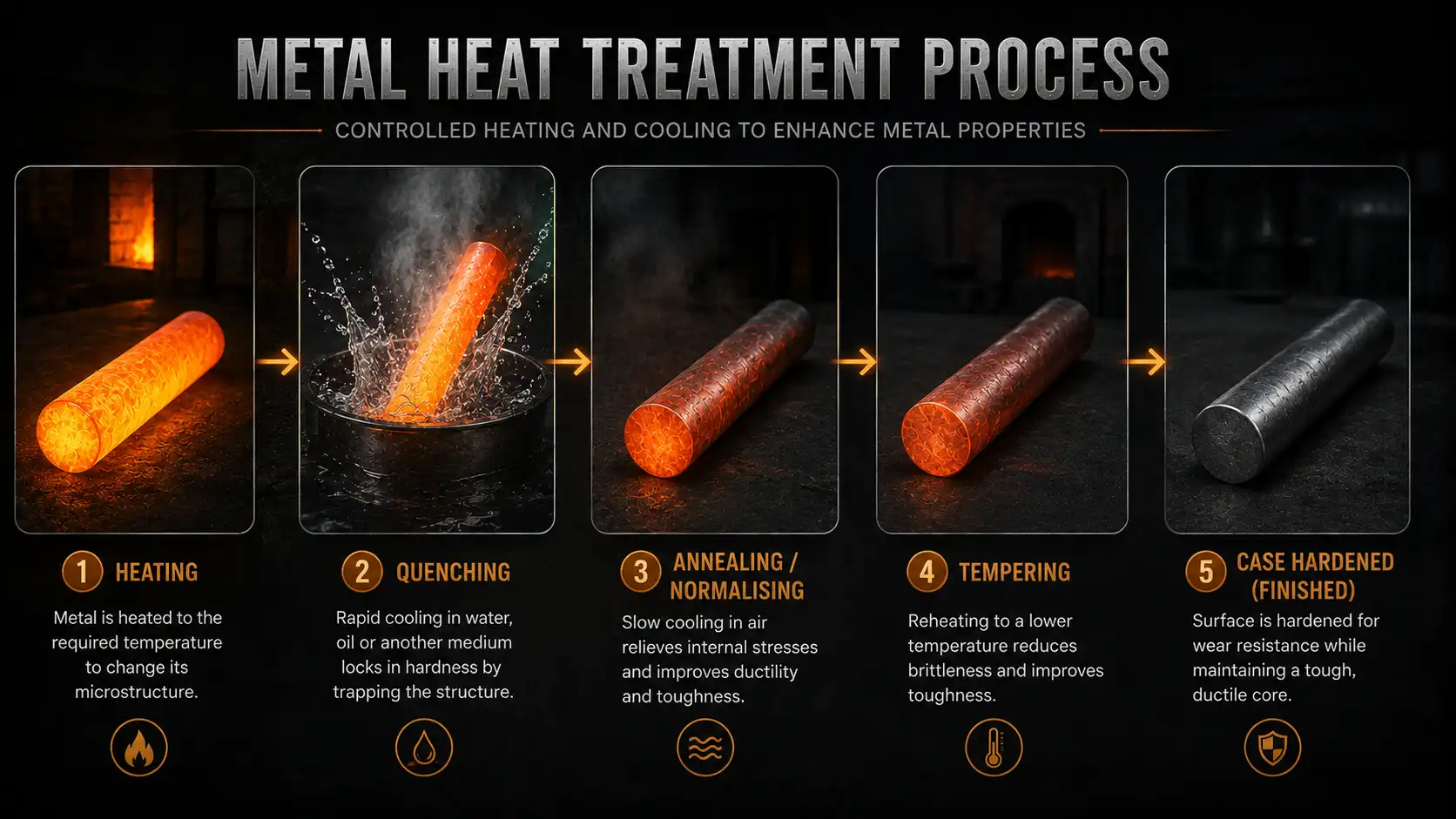 Diagram showing metal heat treatment process including annealing, hardening, and tempering stages