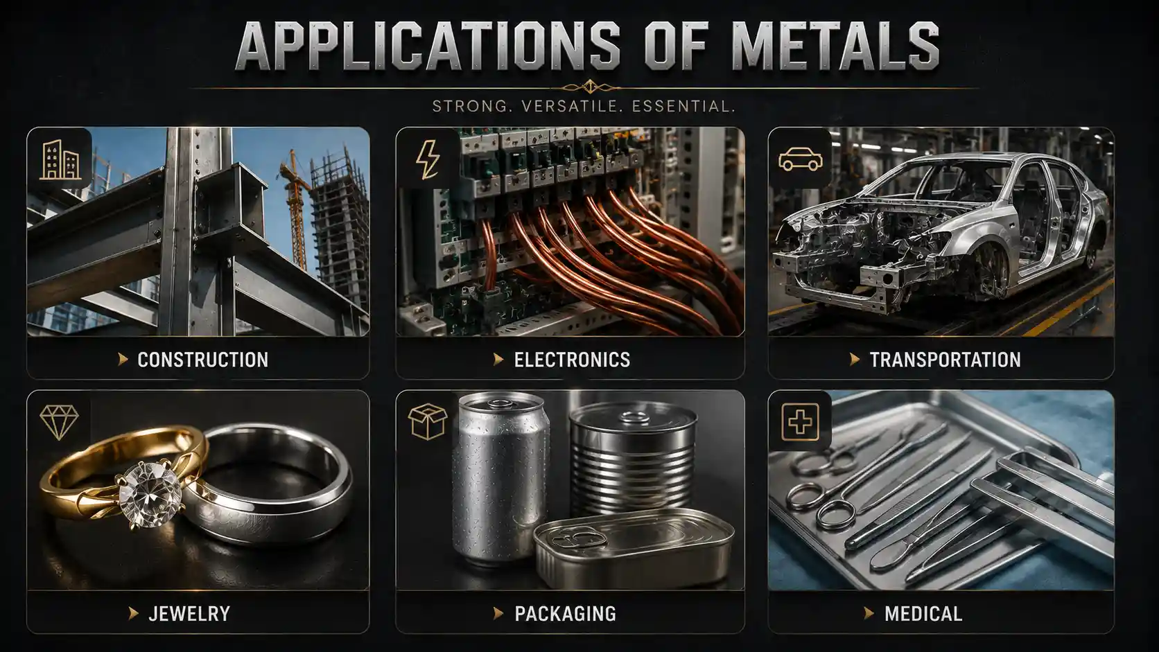 Infographic showing everyday uses of metals in construction, electronics, jewelry, and medical equipment