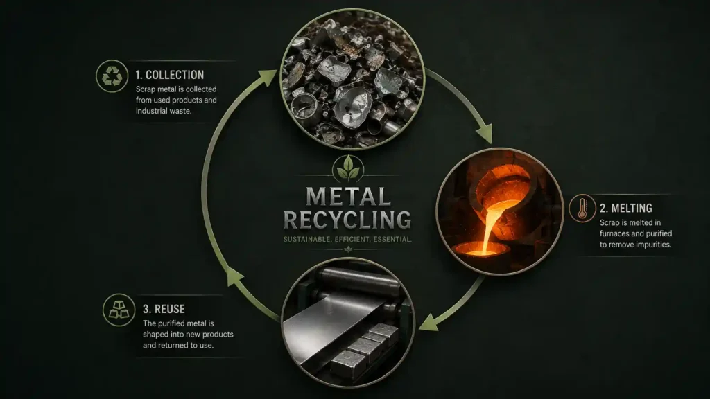 Infographic showing the metal recycling process from scrap collection to melting and reuse