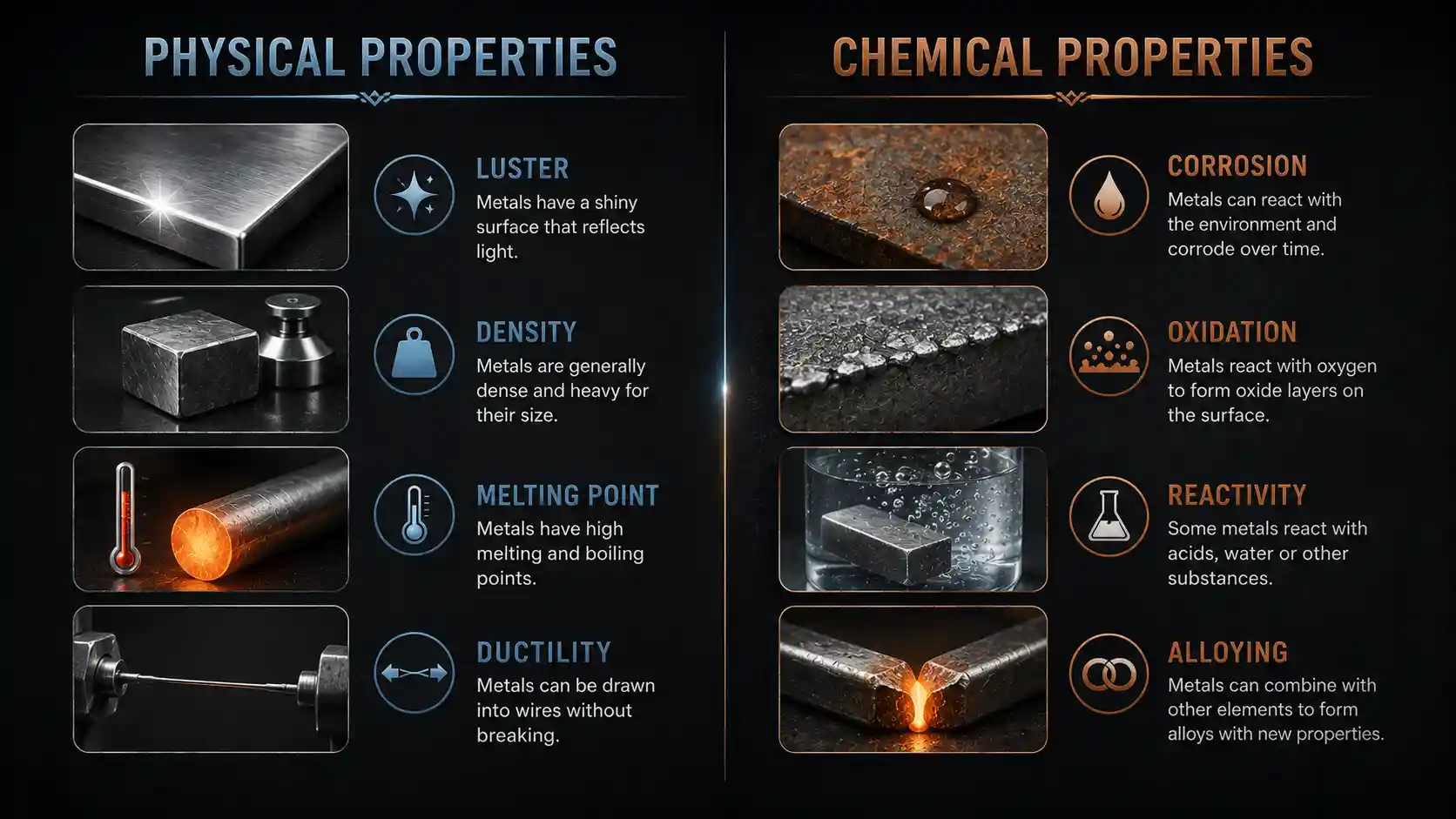 Infographic comparing physical and chemical properties of metals including density, melting point, and corrosion