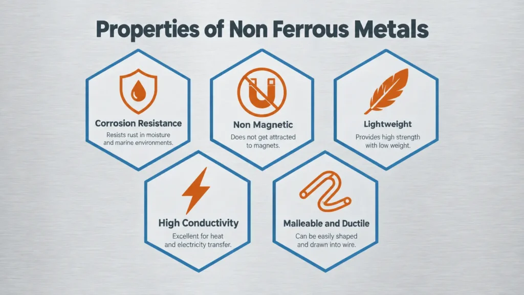 "Properties of non ferrous metals infographic showing corrosion resistance, non magnetic and conductivity icons"