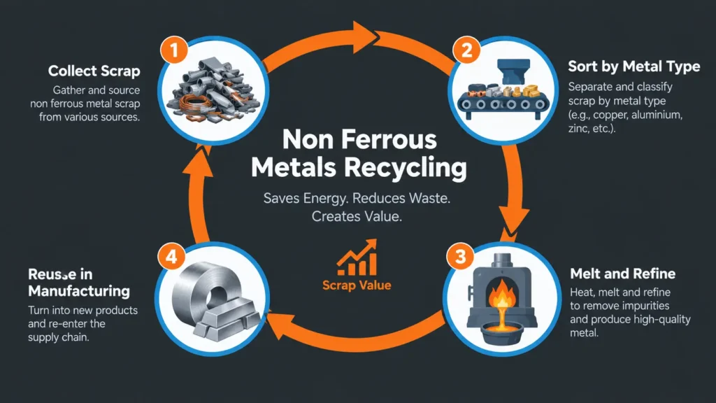 "Non ferrous metals recycling process infographic showing collection, sorting, melting and reuse stages"