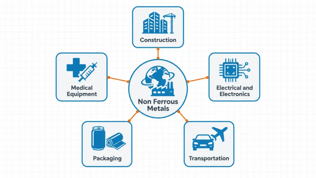 "Uses of non ferrous metals in construction, electrical, transportation, packaging and medical industries"