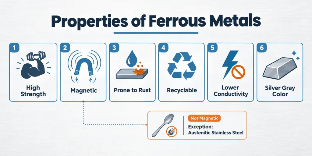 Properties of ferrous metals magnetic strength and rust resistance