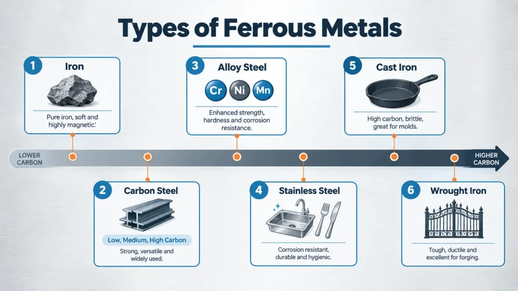 Types of ferrous metals list carbon steel cast iron and wrought iron