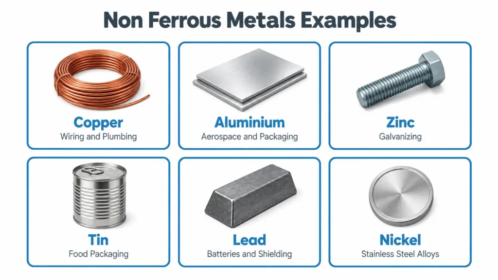 "Non ferrous metals examples showing copper, aluminium, zinc, tin, lead and nickel with common uses"