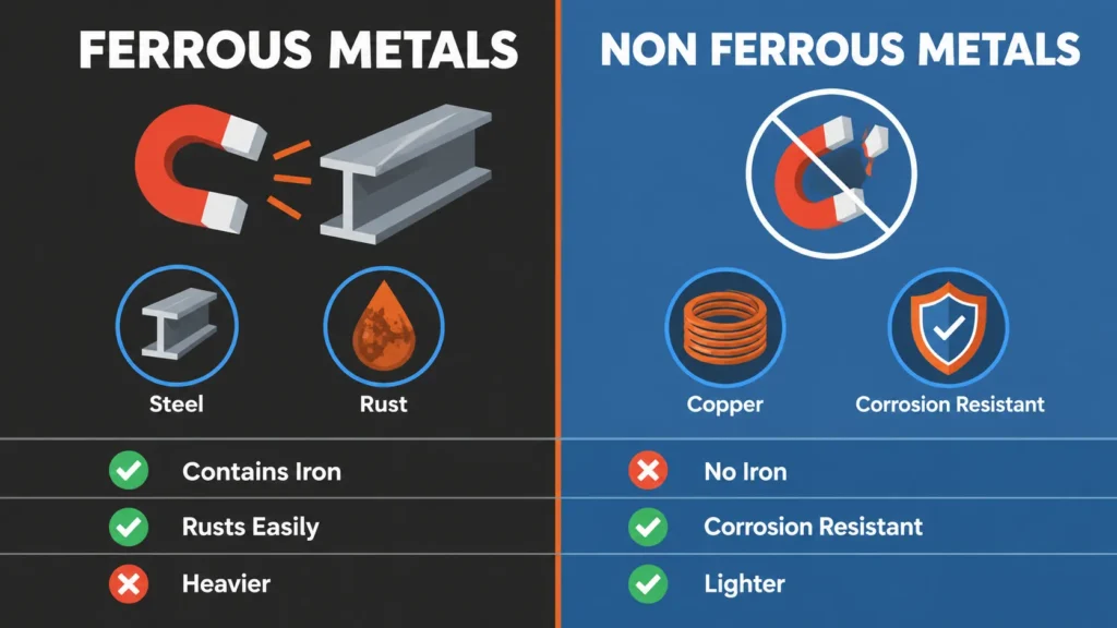 "Ferrous vs non ferrous metals comparison infographic showing magnetism, corrosion resistance and weight differences"