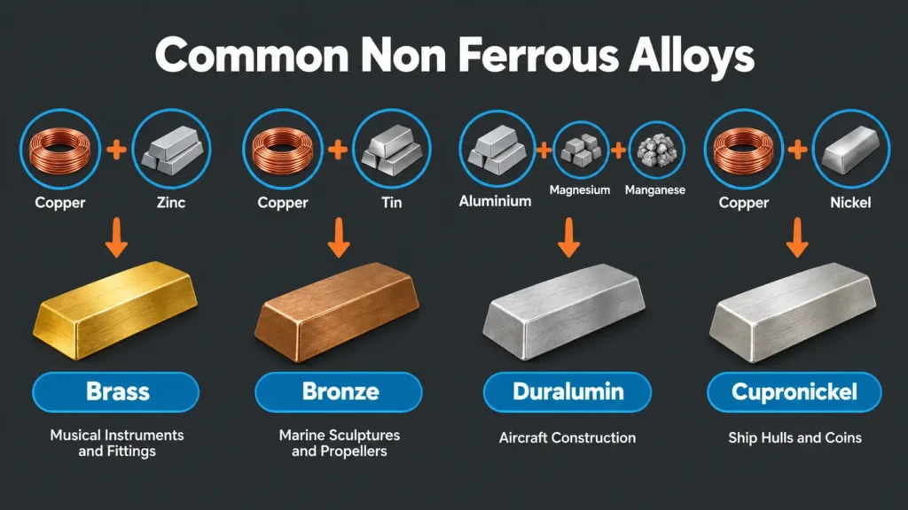 "Non ferrous metals and alloys infographic showing brass, bronze, duralumin and cupronickel formation"